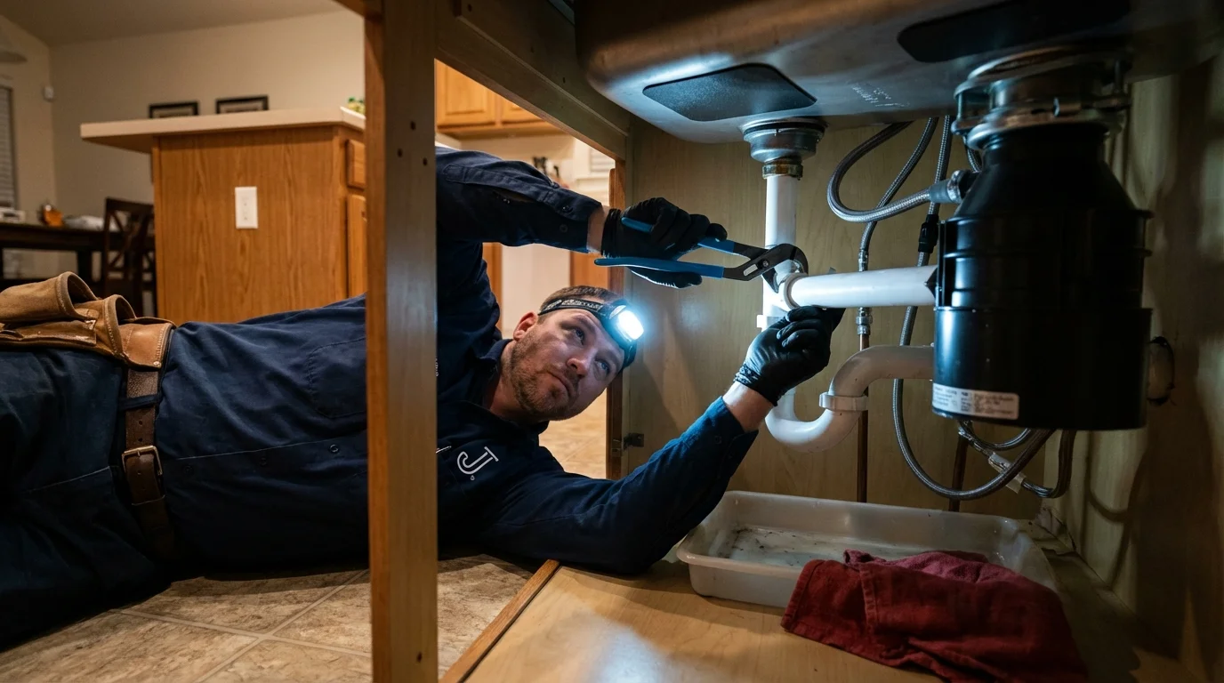 P-trap and supply line connections under a kitchen sink showing a common leak point in Senatobia, MS